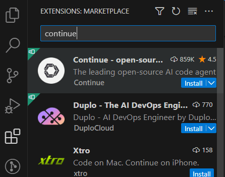 Continue extension in the marketplace